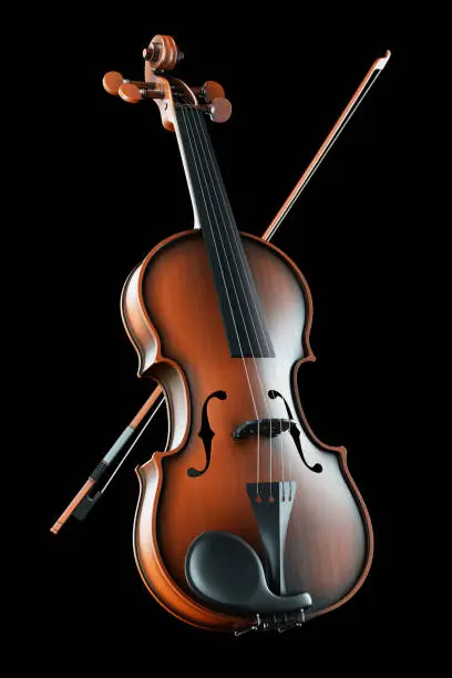 Classic violin, musical instrument on black background 3d