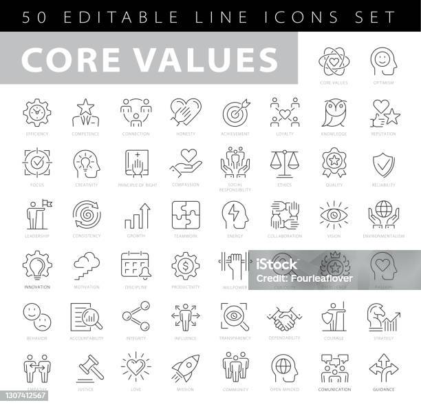 Core Values Editable Stroke Line Icons Stock Illustration - Download Image Now - Icon, Business, Honesty