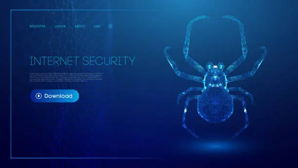 Vector illustration of Virus spider in low poly style on blue background. Cybercryme technology network web vector illustration. Internet fraud abstract vector background. Cyber criminal hacker attack.