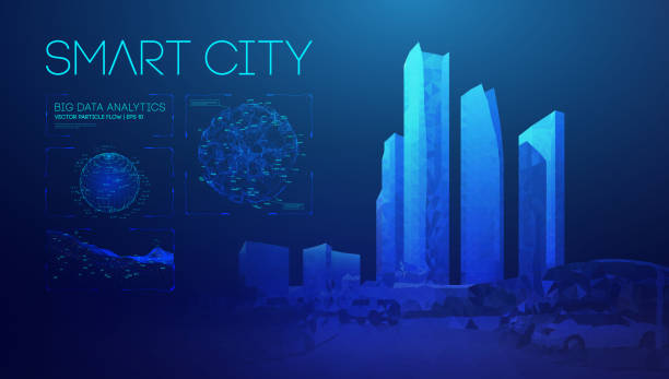 istock Smart city abstract illustration blue background in low poly style. Global social network connection. Data security 3d vector background. 1307415240