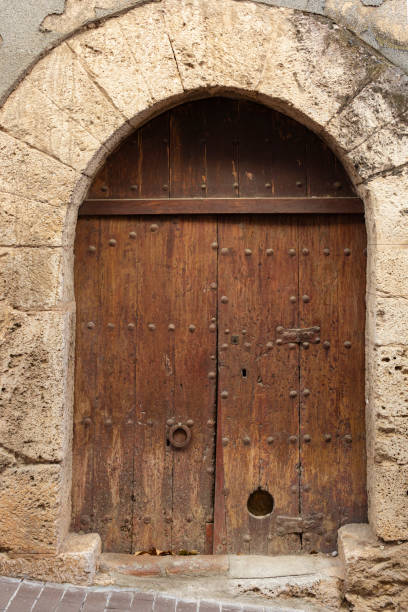 istock Old wooden door with stone arch 1307416789