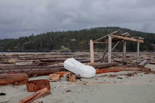 A large foam dock float has washed up on the shores of beautiful British-Columbia's Thormany Island, a popular beach getaway destination with pristine sandy beaches, polluted with garbage