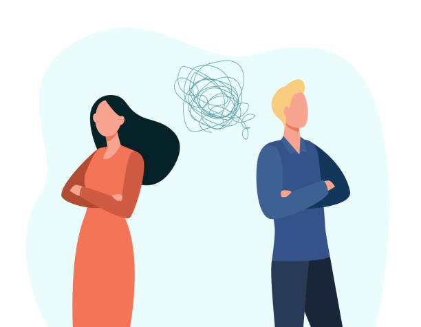Man and woman family couple at quarrel Man and woman family couple quarrel. Unhappy wife and husband standing back to back after argument flat vector illustration. Conflict, relationship problem concept for landing web page divorce papers stock illustrations