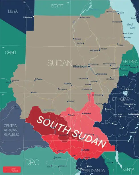 Vector illustration of South Sudan country detailed editable map