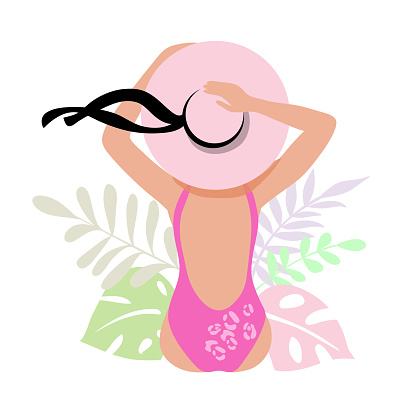 Vector illustration with beautiful silhouette of a girl from the back  in a hat on a white background. Vacation concept, summer concept. Tropical leaves