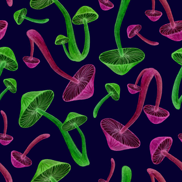 grüne und rosa fluoreszierende pilz nahtlose muster - grüner knollenblätterpilz stock-grafiken, -clipart, -cartoons und -symbole