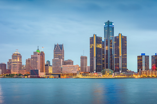 Skyline of downtown Detroit Michigan USA at twilight blue hour.