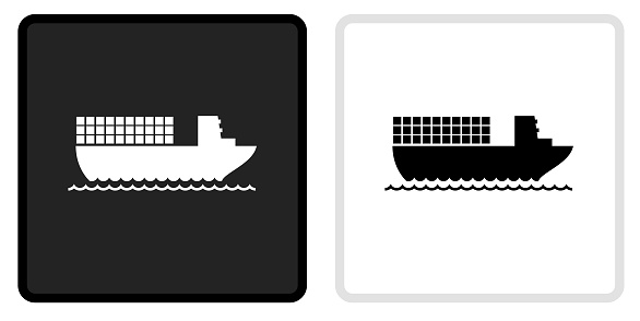 Boat Shipping Icon on  Black Button with White Rollover. This vector icon has two  variations. The first one on the left is dark gray with a black border and the second button on the right is white with a light gray border. The buttons are identical in size and will work perfectly as a roll-over combination.