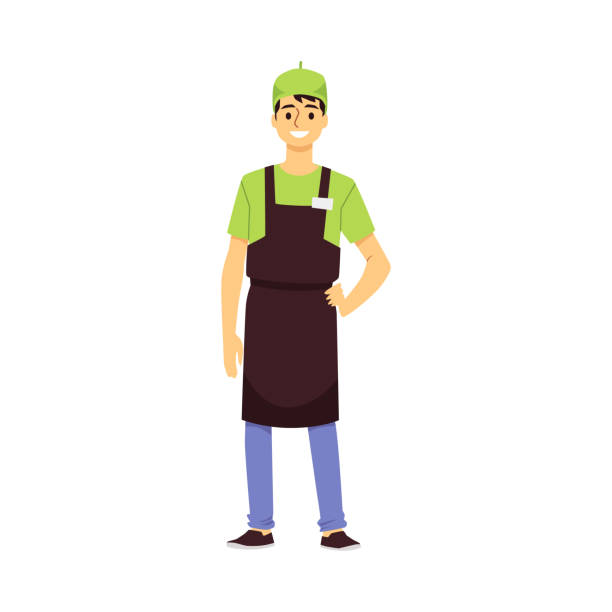Fast food cafe male worker in apron and cap, flat vector illustration isolated. Fast food cafe worker in uniform apron and cap male cartoon character, flat vector illustration isolated on white background. Young man fast food restaurant employee. barista stock illustrations
