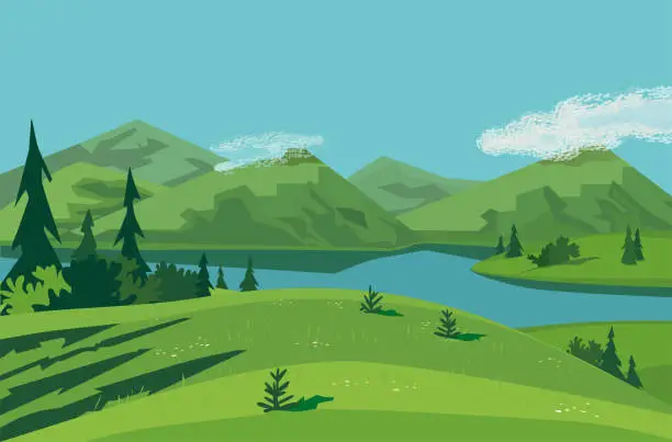 Vector illustration of Forest on mountain river landscape background vector