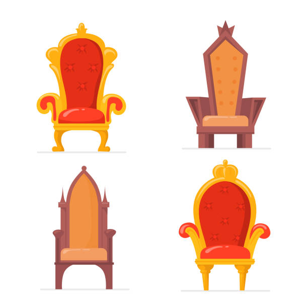 Bright colorful royal armchairs or thrones flat pictures Bright colorful royal armchairs or thrones flat pictures collection. Cartoon medieval chairs for queen or king isolated vector illustrations. Antique and medieval furniture concept throne stock illustrations