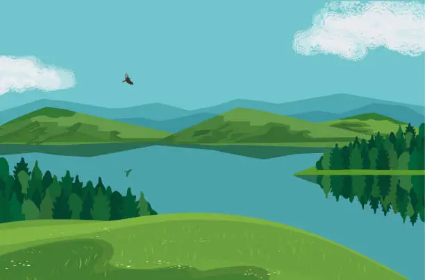 Vector illustration of Forest on mountain river landscape background vector