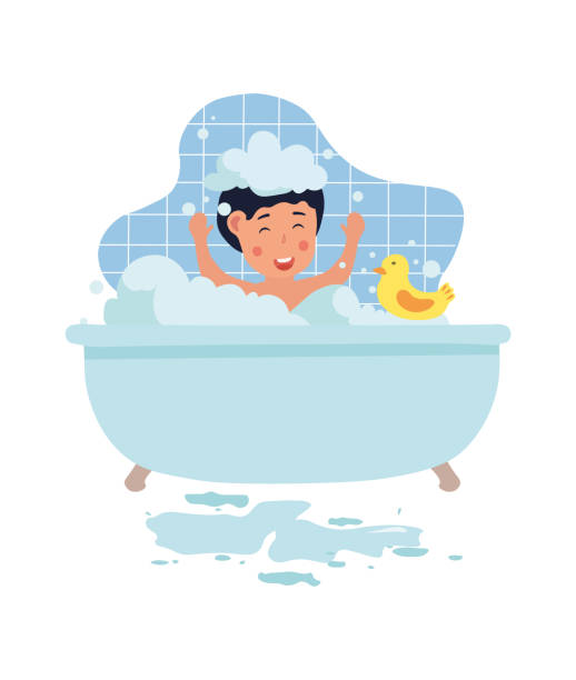 illustrazioni stock, clip art, cartoni animati e icone di tendenza di il bambino carino si lava nella vasca da bagno - baby vector bathtub child