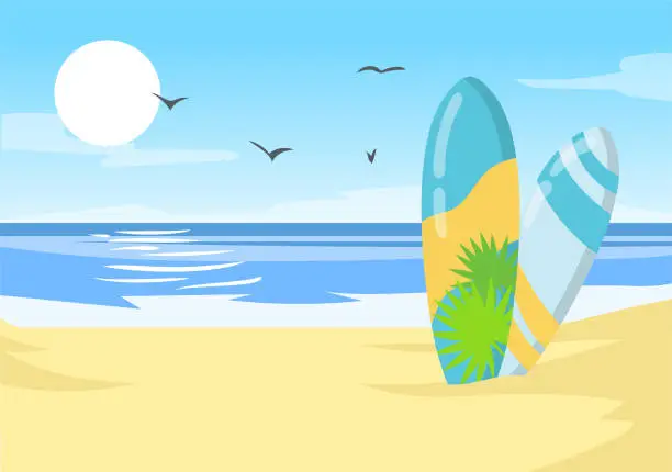 Vector illustration of Surfboards on Hawaii ocean beach