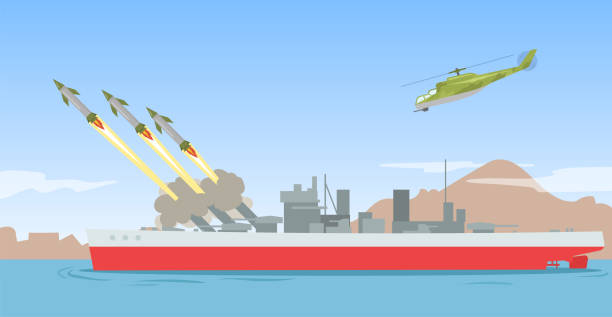 ilustrações de stock, clip art, desenhos animados e ícones de warship shooting missile rockets - sea battle