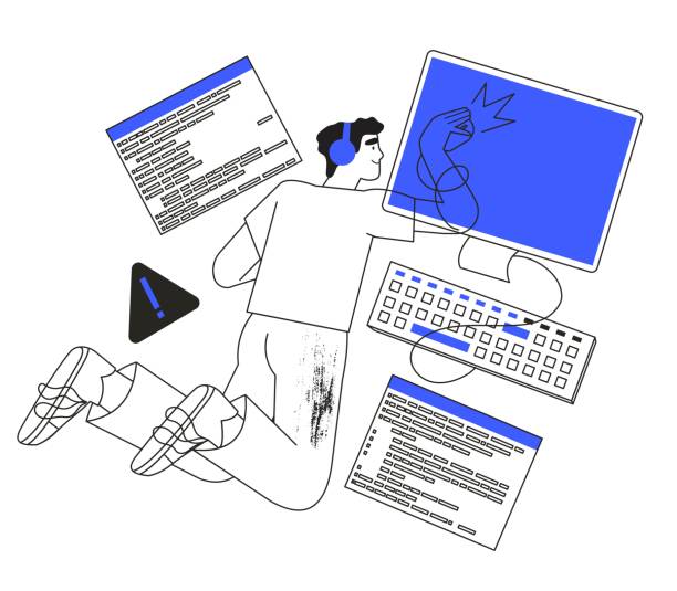 illustrazioni stock, clip art, cartoni animati e icone di tendenza di l'amministratore di sistema lavora nel computer o ripara pc. programmatore alla ricerca di malware o bug nel software o nel programma. - problems computer technology pc