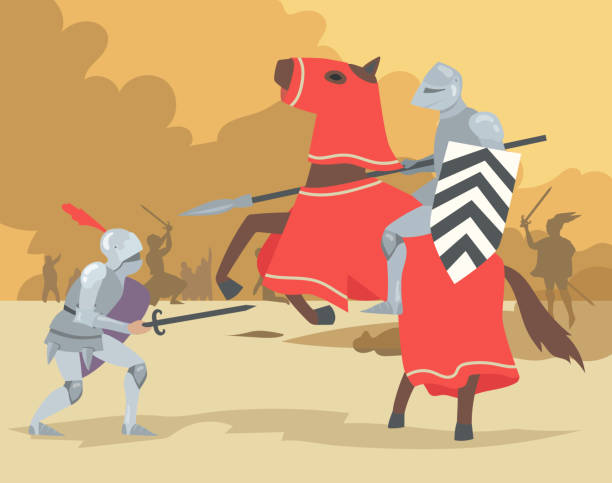 istock Knight on horse and dismount warrior fighting 1307427489