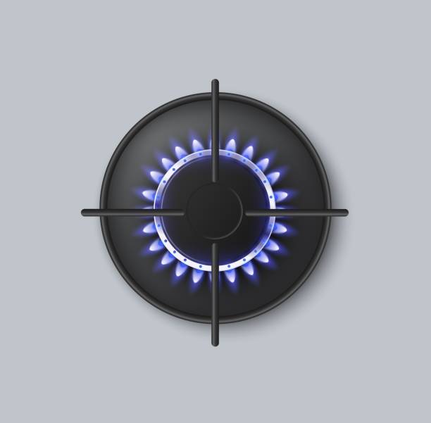 ilustrações de stock, clip art, desenhos animados e ícones de hot gas burner of kitchen stove with blue burning flame a vector illustration. - natural gas gas burner flame