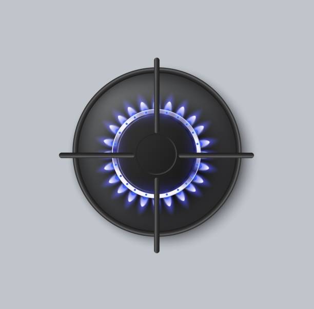 Hot gas burner of kitchen stove with blue burning flame a vector illustration. Metallic ring hot gas burner of kitchen stove, top view on blue burning flame. Glowing power and energy of natural gas. Vector realistic 3d isolated illustration. cooktop stock illustrations