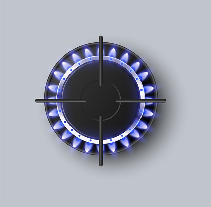 Top view on gas burner ring of kitchen stove with blue burning flame. Glowing power and energy of natural gas. Vector realistic 3d isolated illustration.