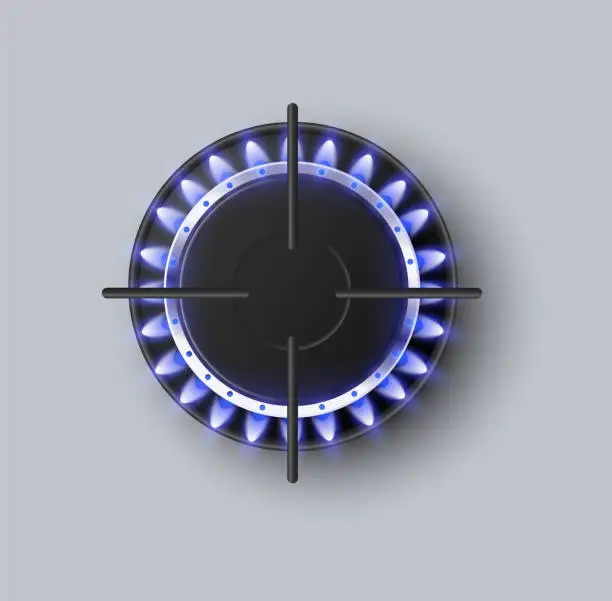 Vector illustration of Top view on gas burner ring of kitchen stove with blue burning flame