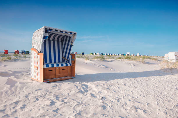 Several roofed wicker beach chairs on empty sand beach on North Sea coast. Beach equipment at holiday resorts. Summer vacation, holiday at sea concept.