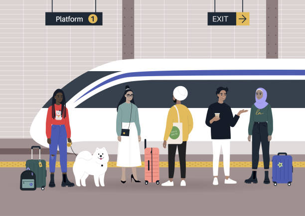 вокзал, разнообразная группа пассажиров, ожидающих на платформе, концепция путешествия - arrival departure board illustrations stock illustrations