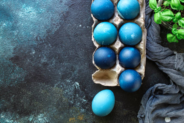 istock easter eggs painted blue, easter treat festive table rustic meal top view copy space for text food background 1307429016