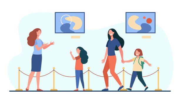 Mother and kids family visitors on excursion in art gallery Mother and kids family visitors on excursion in art gallery with guide woman. Contemporary art flat vector illustration. Artworks exhibition concept for banner, website design or landing web page parent guide stock illustrations