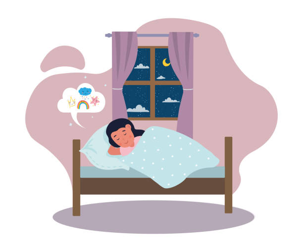 спокойная маленькая милая девочка спит в постели и сладкие сны - rainbow preschooler baby child stock illustrations