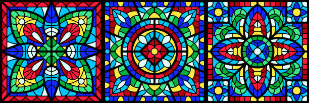 ilustrações, clipart, desenhos animados e ícones de vitral com peça colorida. - stained glass church window glass