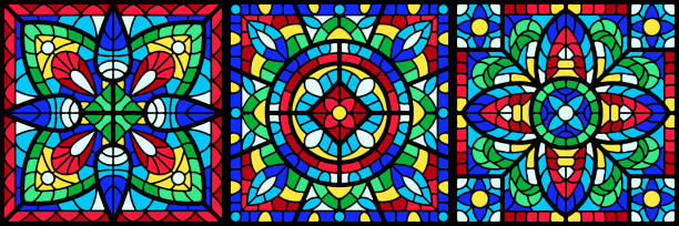 Stained-glass window with colored piece. Stained-glass window with colored piece. Decorative mosaic ceramic tile pattern. stained glass stock illustrations
