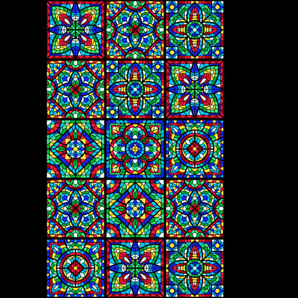 ilustrações, clipart, desenhos animados e ícones de vitral com peça colorida. - stained glass church window glass