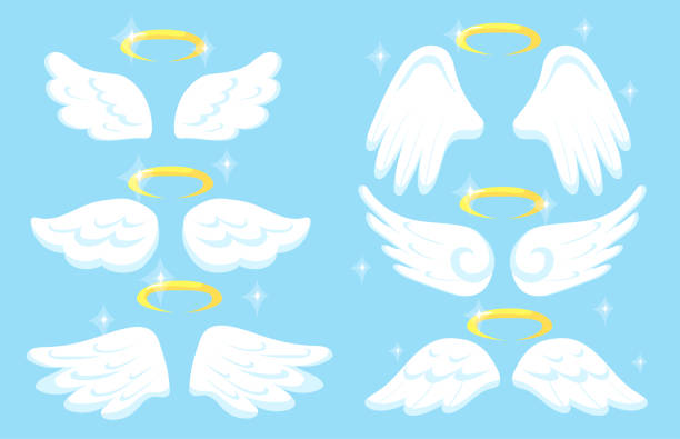 istock Creative angel wings with gold nimbus flat pictures set 1307431035