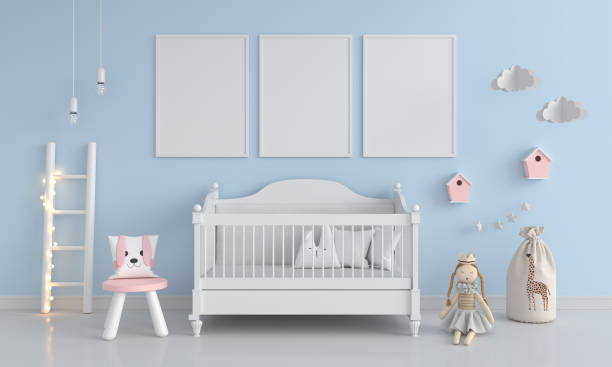 istock Blue child bedroom with three frame mockup, 3D rendering 1307431265