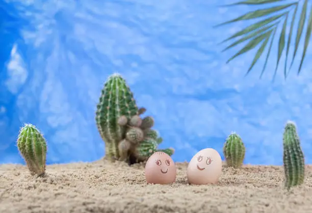 Photo of Eggs on the sand with cacti. Easter in the tropics concept