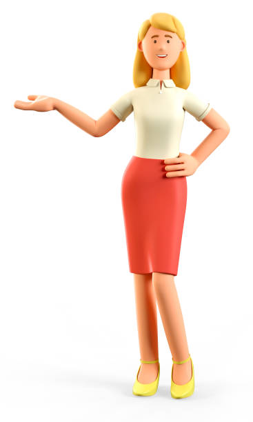 3d illustration of standing beautiful blonde woman pointing hand at direction. cute cartoon smiling attractive businesswoman in red skirt, holding hand on her waist, isolated on white. - businesswoman skirt isolated standing imagens e fotografias de stock