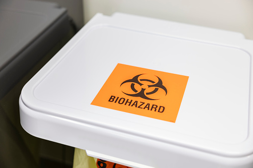Biohazard waste bag in a hospital