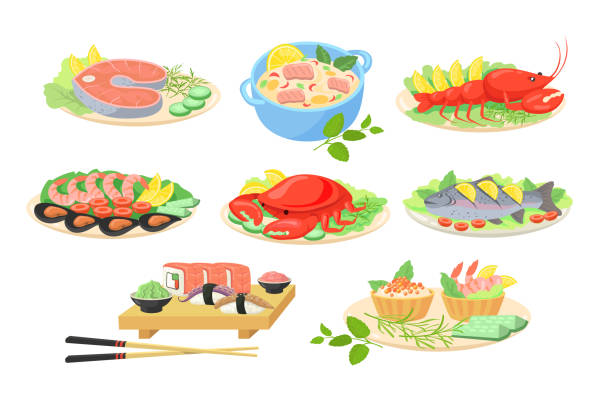 ilustrações de stock, clip art, desenhos animados e ícones de creative festive seafood dishes flat pictures set - fish seafood lobster salmon