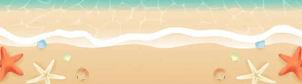 Vector illustration of Summer Beach Banner vector illustration. Beautiful sea wave on sandy beach with shells