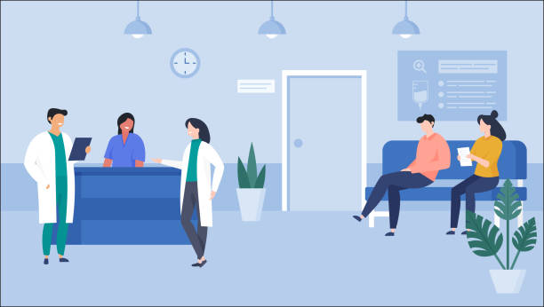 Hospital Waiting Area Illustration Two doctors and receptionist talking and two patients are waiting on the floor doctors office stock illustrations