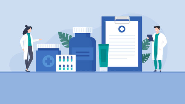 Medicine And Pharmacy Illustration Two doctors standing near medicine and pharmaceutical elements on the flat style illustration pharmacist cartoon stock illustrations
