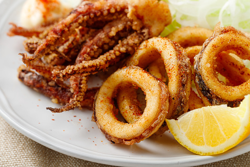 Fried squid on a white plate