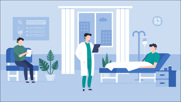 Hospital Room Illustration Doctor checking patient’s condition in patient room and companion reading a paper when patient is in bed cartoon of medical records stock illustrations