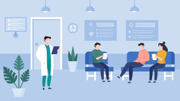 illustrazioni stock, clip art, cartoni animati e icone di tendenza di sala d'attesa dell'illustrazione ospedaliera - ambulatorio medico