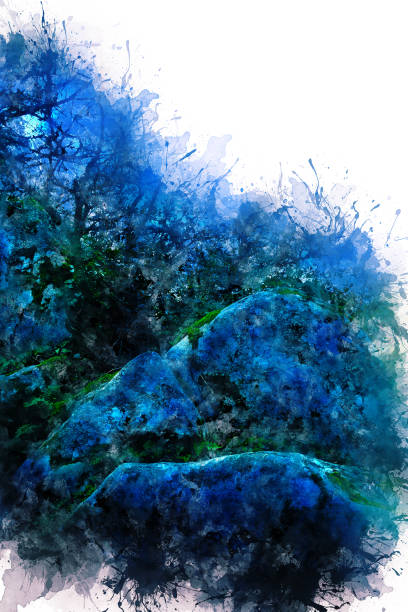 ilustrações de stock, clip art, desenhos animados e ícones de fabulous blue flower with small lights in the middle of a wild forest - rainforest tropical rainforest forest moonlight
