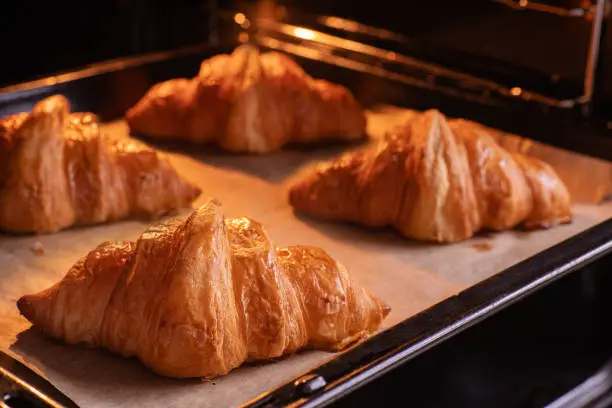 Photo of French croissants are baked in the oven.