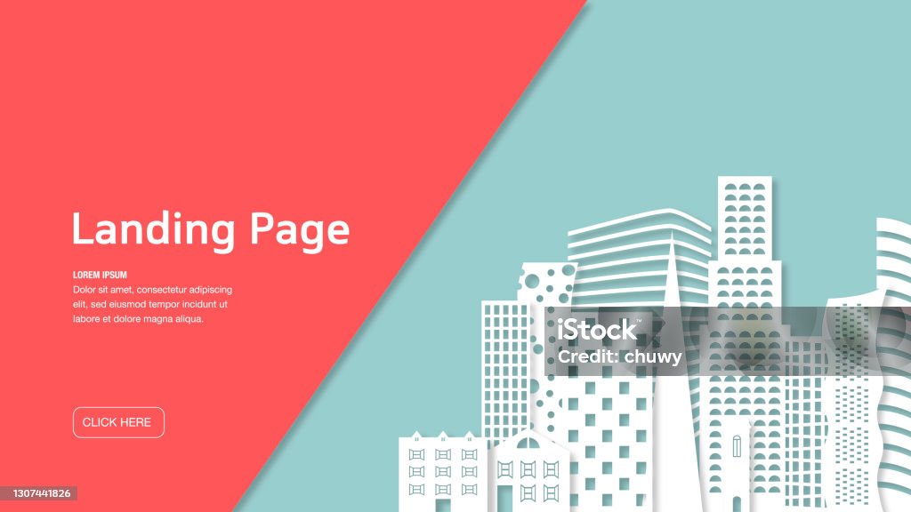 Landing page template - real estate concept Landing page template with a cityscape silhouette. Useful for a real estate website or background. Elements grouped in different layers for easy edition. Real Estate stock vector