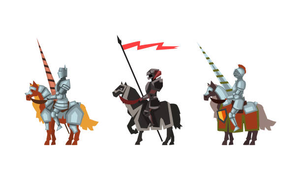 istock Armored Medieval Knight or Cavalryman Sitting on Horseback Holding Lance Vector Set 1307445083