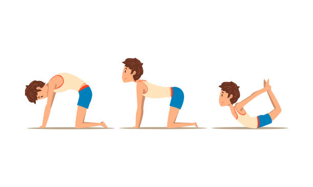 illustrazioni stock, clip art, cartoni animati e icone di tendenza di teen boy che fa esercizi fisici per migliorare il set vettoriale della postura della colonna vertebrale - yoga men male gymnastics